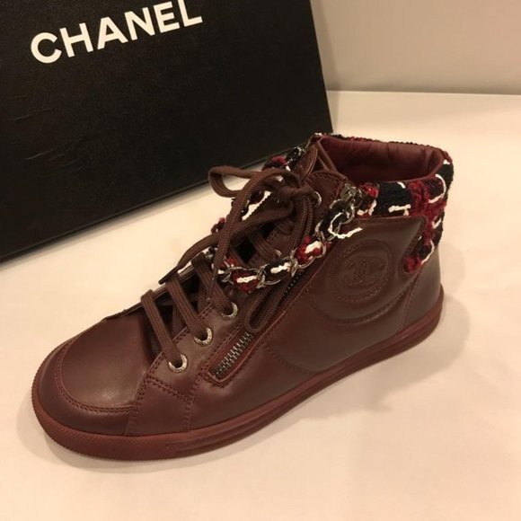 CHANEL 15K Leather Zip Chain High Hi Top Sneakers Kicks Shoes - Picture 1 of 12